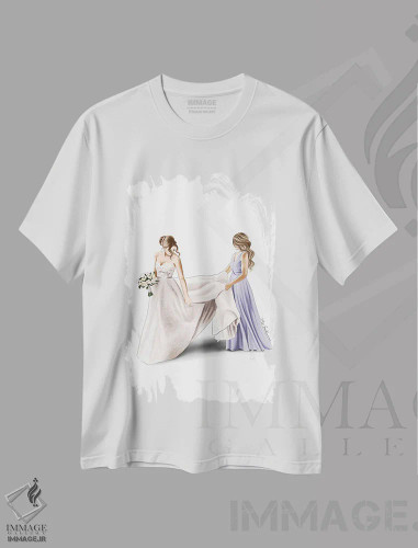 تیشرت سفید طرح دار عروس و ساقدوش، دست نقاشی و طراحی دستی اثر الزا فوچه | فروشگاه ایماژ