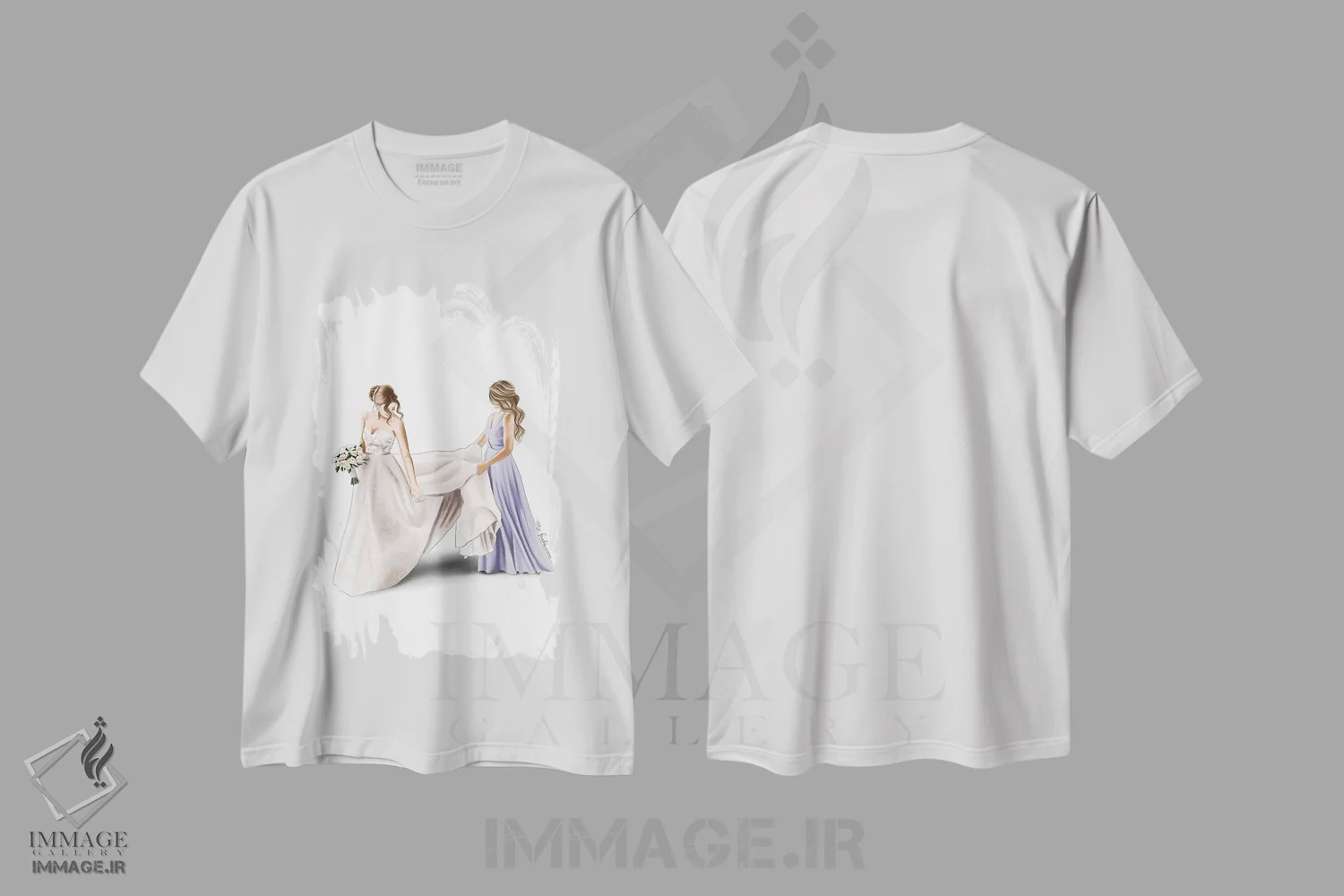 تیشرت سفید طرح دار عروس و ساقدوش، دست نقاشی و طراحی دستی اثر الزا فوچه | فروشگاه ایماژ