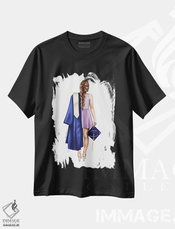 تیشرت مشکی طرح دار فارغ التحصیل دانشگاه، دست نقاشی و طراحی دستی اثر الزا فوچه | فروشگاه ایماژ