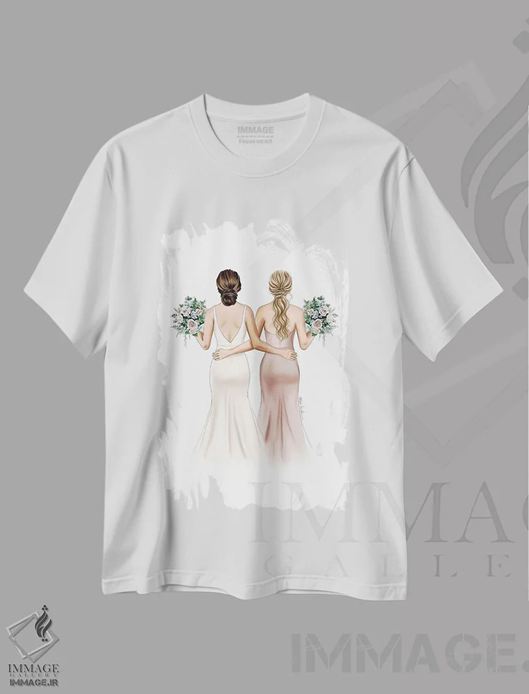 تیشرت سفید طرح دار آماده مراسم عروسی، دست نقاشی و طراحی دستی اثر الزا فوچه | فروشگاه ایماژ