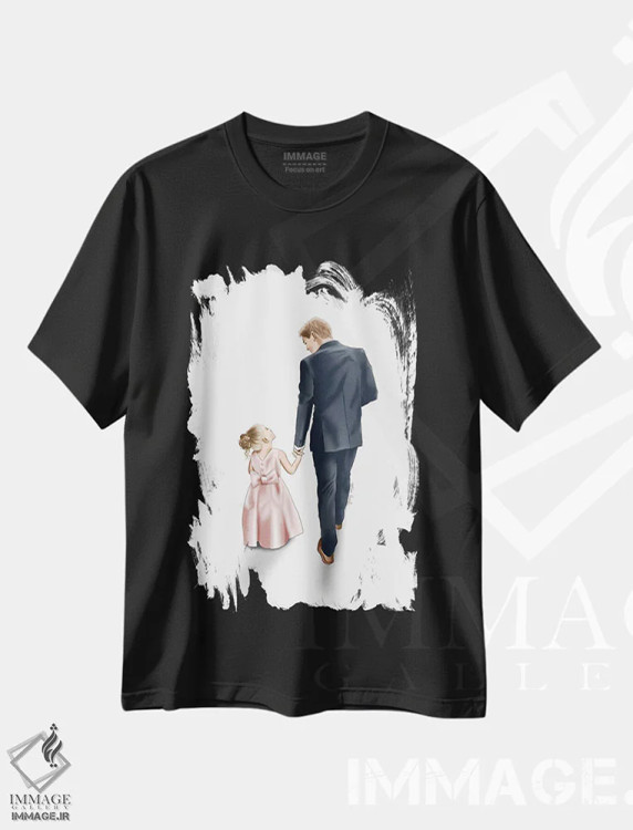 تیشرت مشکی طرح دار قدم زدن پدر و دختر، دست نقاشی و طراحی دستی اثر الزا فوچه | immage.ir