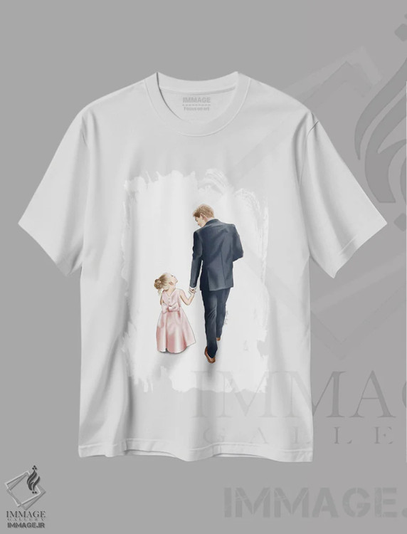 تیشرت سفید طرح دار قدم زدن پدر و دختر، دست نقاشی و طراحی دستی اثر الزا فوچه | فروشگاه ایماژ