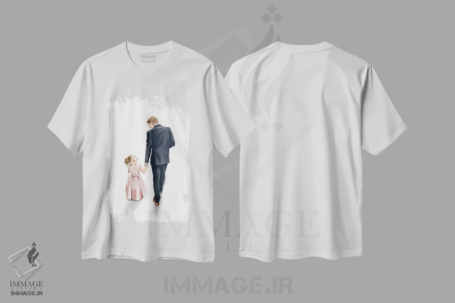 تیشرت سفید طرح دار قدم زدن پدر و دختر، دست نقاشی و طراحی دستی اثر الزا فوچه | فروشگاه ایماژ
