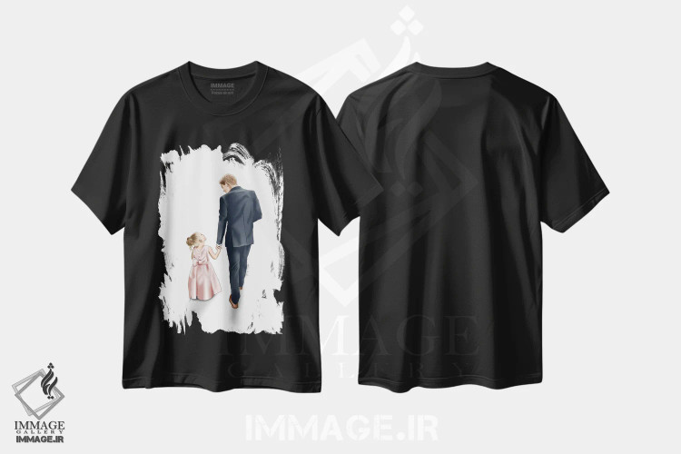 تیشرت مشکی طرح دار قدم زدن پدر و دختر، دست نقاشی و طراحی دستی اثر الزا فوچه | immage.ir