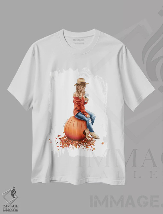 تیشرت سفید طرح دار برگ های پاییزی و کدوحلوایی لطفاً، دست نقاشی و طراحی دستی اثر الزا فوچه | فروشگاه ایماژ