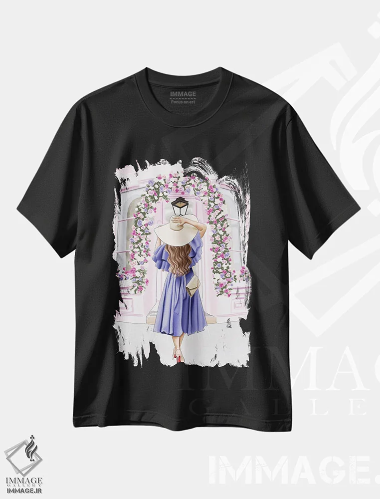 تیشرت مشکی طرح دار رویای بهاری، دست نقاشی و طراحی دستی اثر الزا فوچه | فروشگاه ایماژ