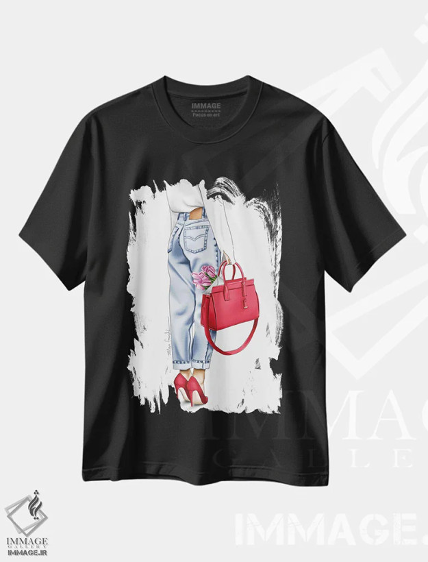 تیشرت مشکی طرح دار اکسسوری های قرمز، تزئینی اثر الزا فوچه | فروشگاه ایماژ