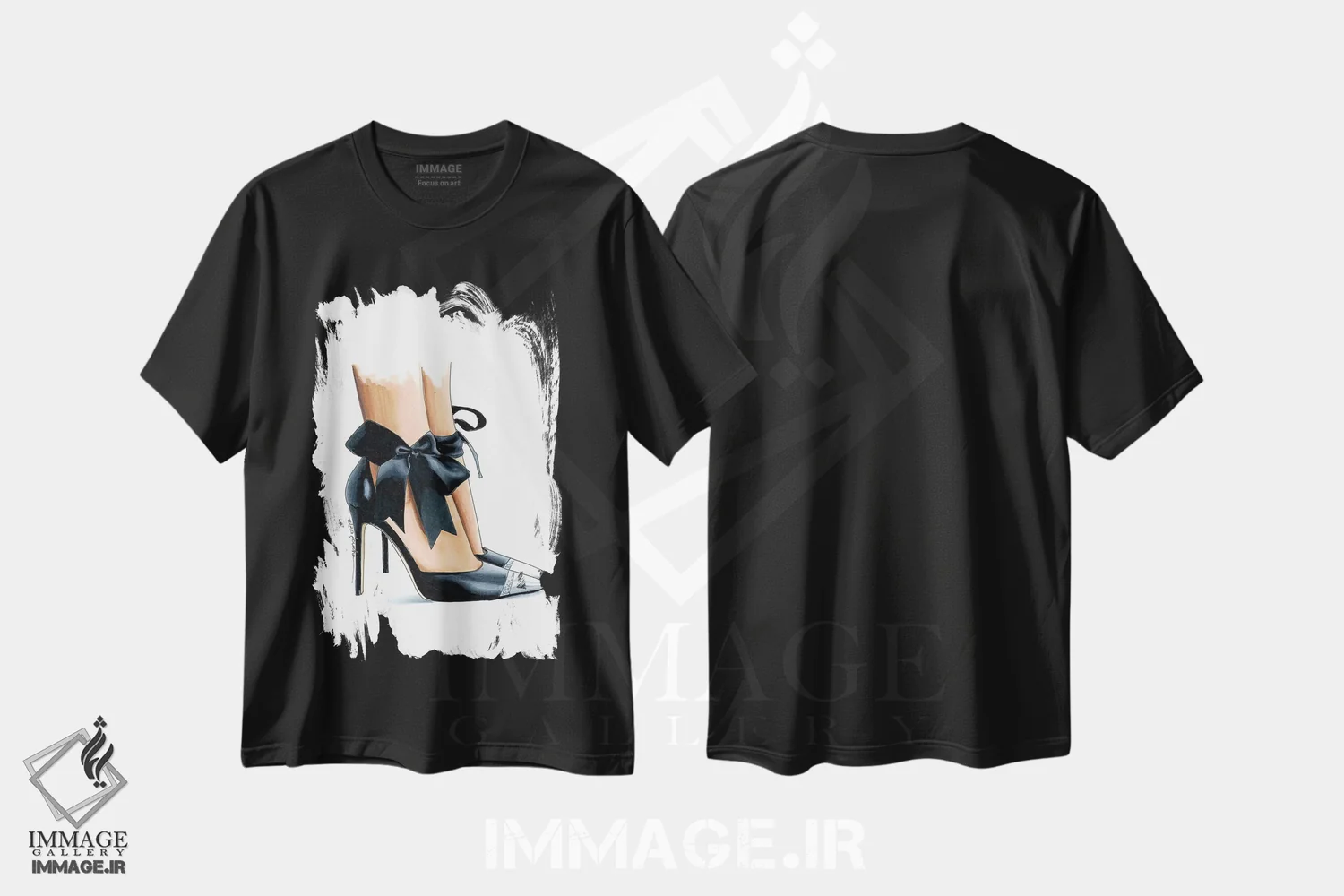 تیشرت مشکی طرح دار کفش پاشنه دار مشکی با پاپیون، تزئینی اثر الزا فوچه | immage.ir