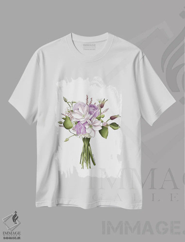تیشرت سفید طرح دار دسته گل بنفش، دست نقاشی و طراحی دستی اثر الزا فوچه | فروشگاه ایماژ