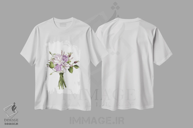 تیشرت سفید طرح دار دسته گل بنفش، دست نقاشی و طراحی دستی اثر الزا فوچه | فروشگاه ایماژ