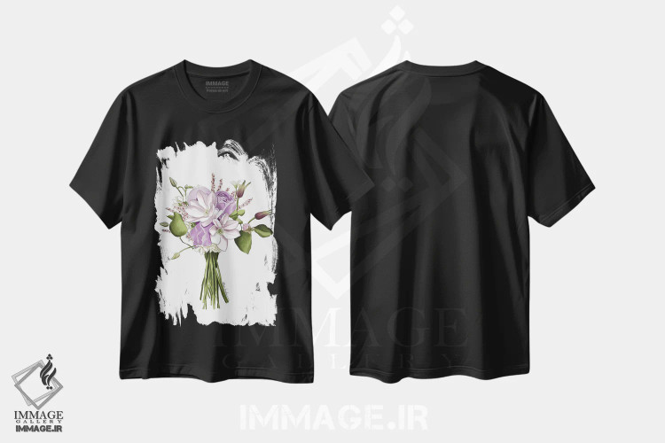 تیشرت مشکی طرح دار دسته گل بنفش، دست نقاشی و طراحی دستی اثر الزا فوچه | immage.ir