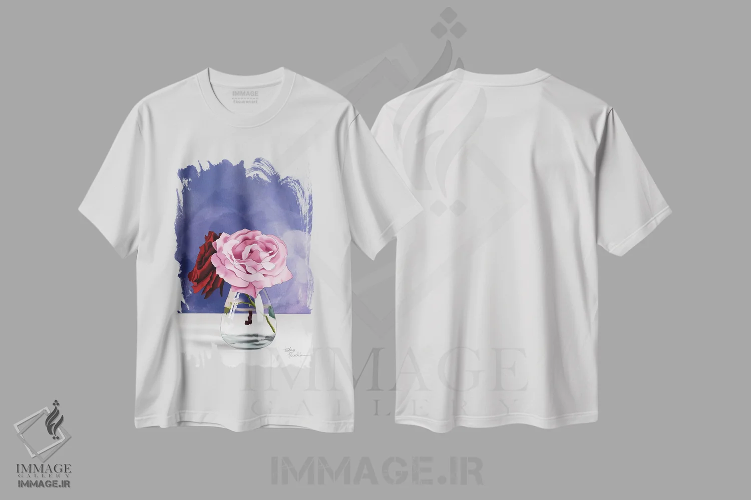 تیشرت سفید طرح دار رزها در شیشه، دکور معاصر اثر الزا فوچه | فروشگاه ایماژ