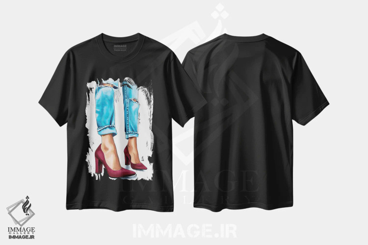 تیشرت مشکی طرح دار جین و کفش پاشنه دار، تزئینی اثر الزا فوچه | فروشگاه ایماژ