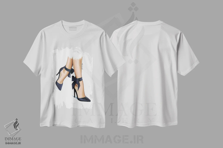 تیشرت سفید طرح دار کفش پاشنه دار سرمه ای، تزئینی اثر الزا فوچه | فروشگاه ایماژ