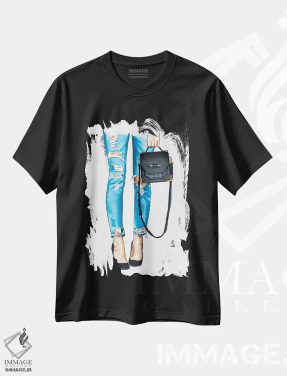 تیشرت مشکی طرح دار جین پاره و کیف، تزئینی اثر الزا فوچه | immage.ir