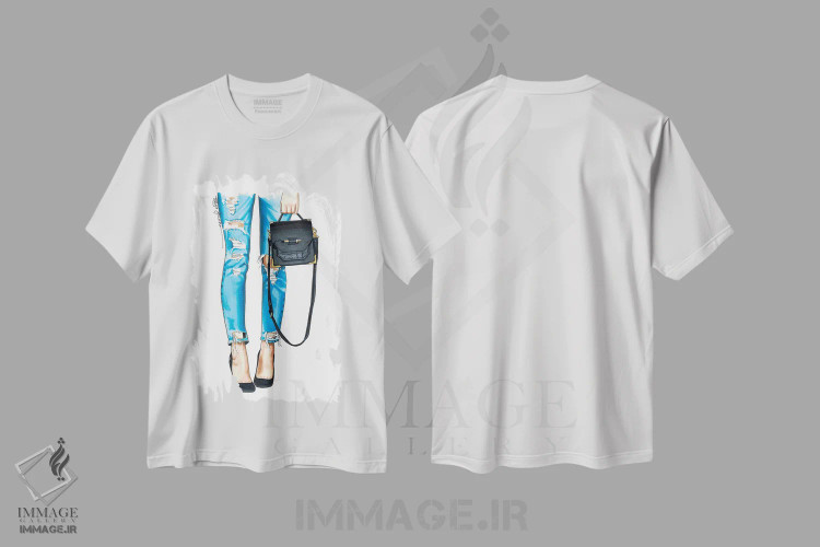 تیشرت سفید طرح دار جین پاره و کیف، تزئینی اثر الزا فوچه | فروشگاه ایماژ