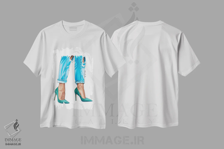 تیشرت سفید طرح دار کفش پاشنه دار سبزآبی، تزئینی اثر الزا فوچه | فروشگاه ایماژ