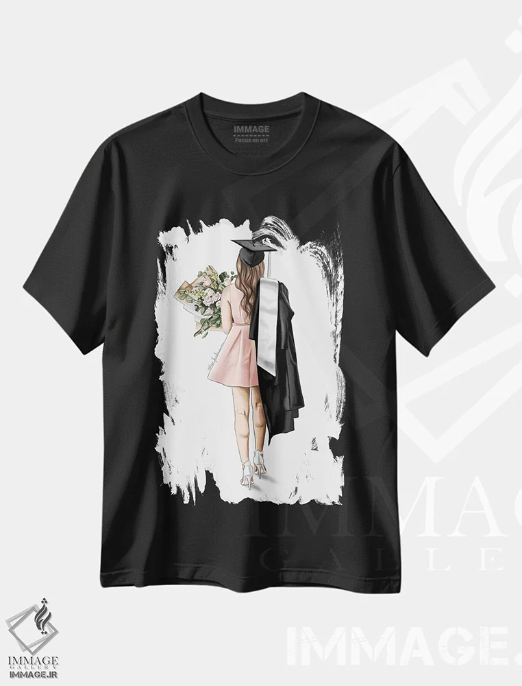 تیشرت مشکی طرح دار فارغ التحصیل، دست نقاشی و طراحی دستی اثر الزا فوچه | فروشگاه ایماژ