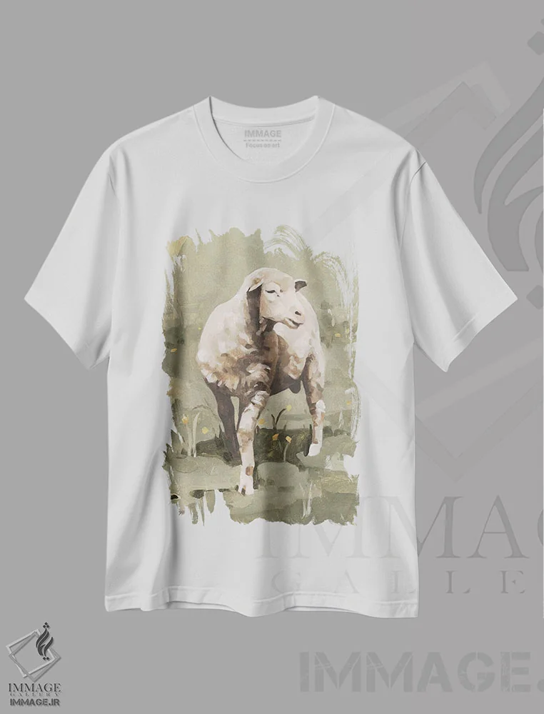 تیشرت سفید طرح دار گوسفندان بهاری ۱، دکور معاصر اثر اما کارولین | فروشگاه ایماژ
