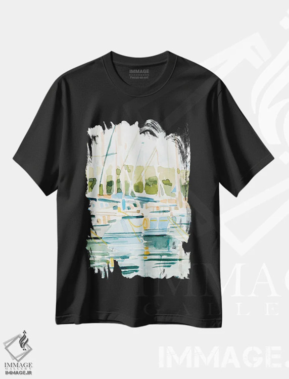 تیشرت مشکی طرح دار کنار خلیج ۱، مدیوم اثر اما کارولین | فروشگاه ایماژ