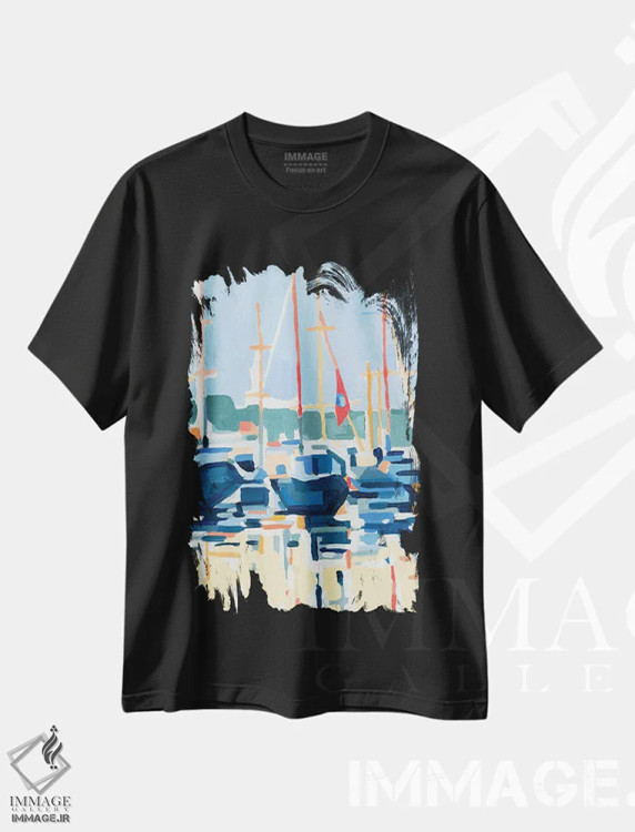 تیشرت مشکی طرح دار تعبیر اسکله ۱، آبستره اثر اما کارولین | immage.ir