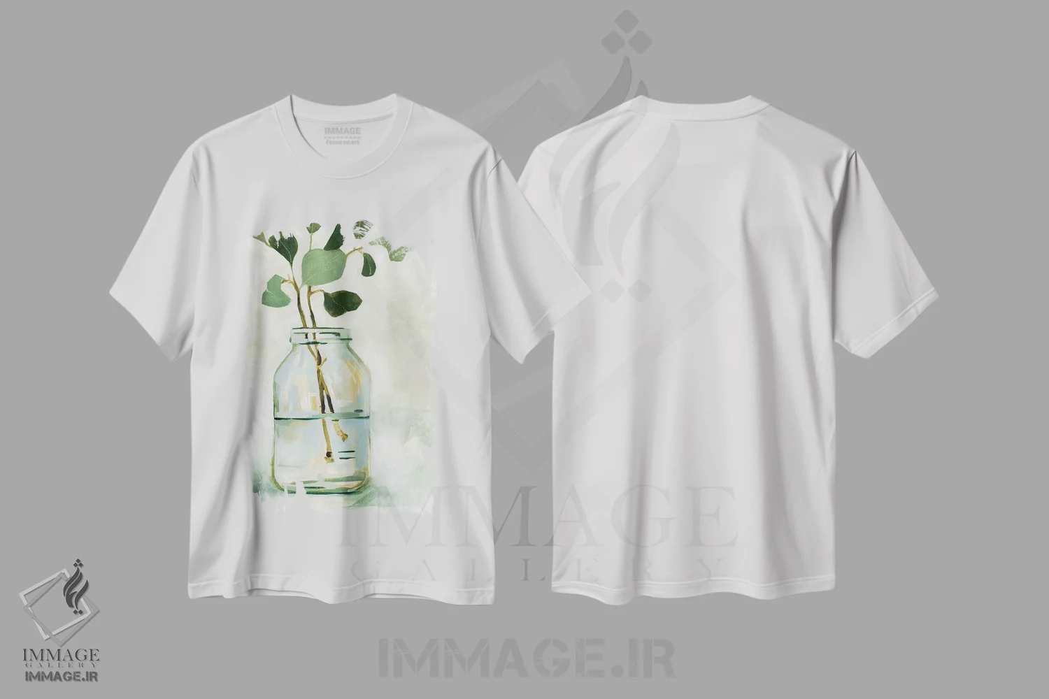 تیشرت سفید طرح دار طبیعت بی جان شاخه اکالیپتوس ۲، دکور معاصر اثر اما کارولین | فروشگاه ایماژ