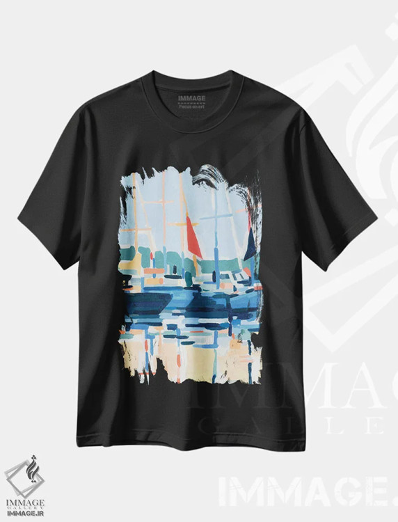 تیشرت مشکی طرح دار تعبیر اسکله ۲، آبستره اثر اما کارولین | فروشگاه ایماژ