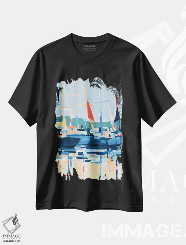 تیشرت مشکی طرح دار تعبیر اسکله ۲، آبستره اثر اما کارولین | فروشگاه ایماژ