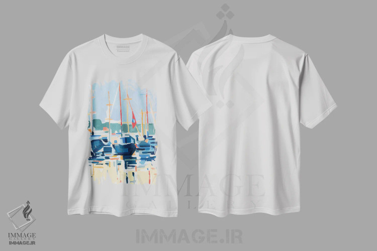 تیشرت سفید طرح دار تعبیر اسکله ۱، آبستره اثر اما کارولین | فروشگاه ایماژ