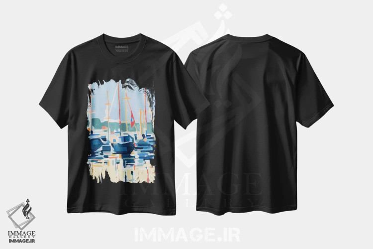 تیشرت مشکی طرح دار تعبیر اسکله ۱، آبستره اثر اما کارولین | immage.ir