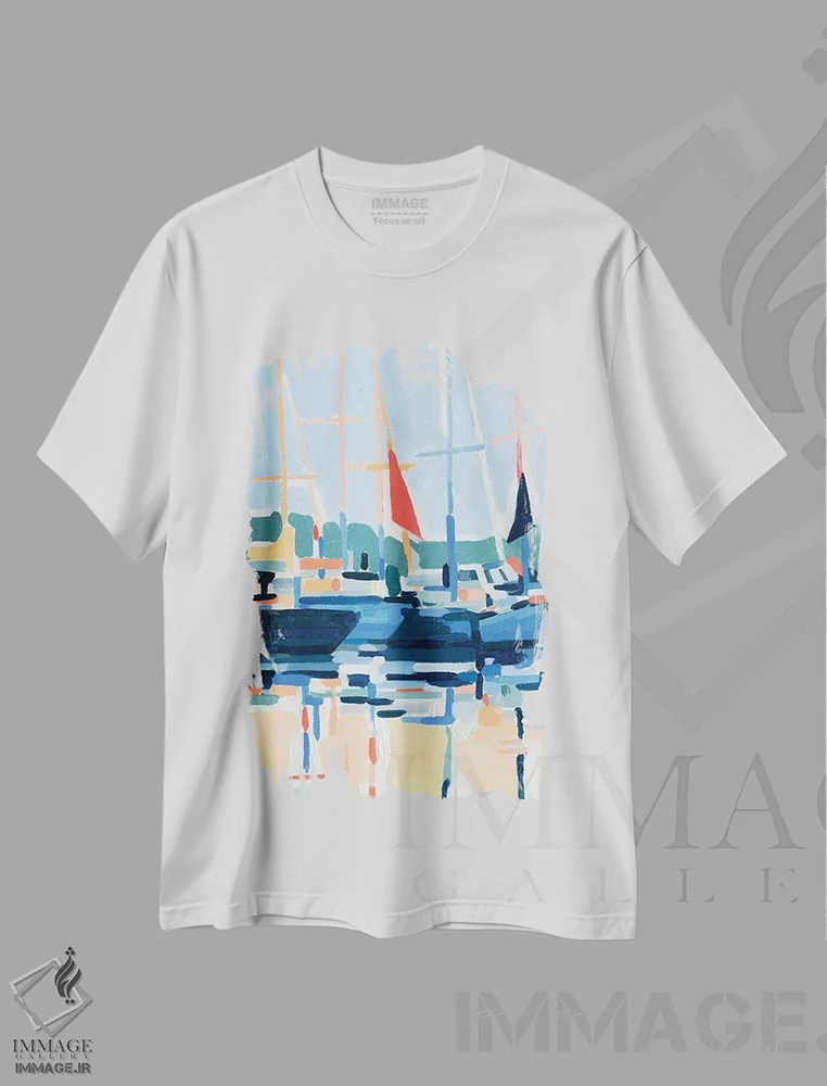 تیشرت سفید طرح دار تعبیر اسکله ۲، آبستره اثر اما کارولین | immage.ir
