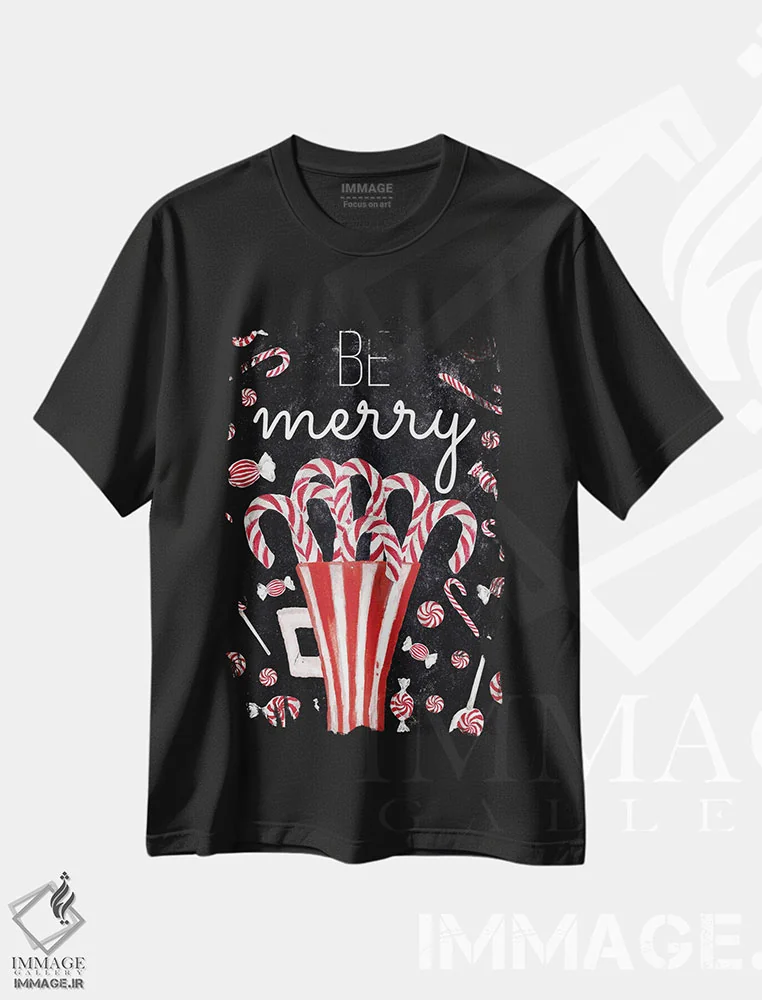 تیشرت مشکی طرح دار آرزوی آب نبات چوبی نعناع فلفلی، تابلو و عبار ت های کریسمسی اثر الیزابت مدلی | immage.ir