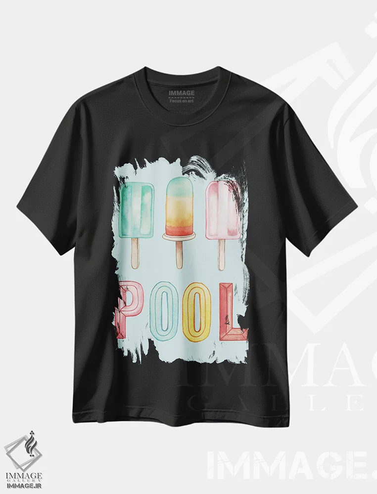 تیشرت مشکی طرح دار بستنی یخی استخر، تایپوگرافی اثر الیزابت مدلی | فروشگاه ایماژ