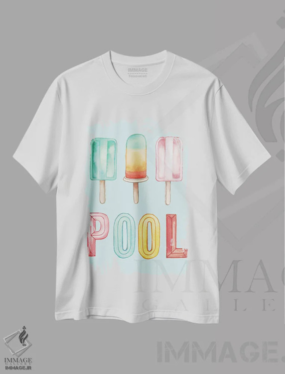 تیشرت سفید طرح دار بستنی یخی استخر، تایپوگرافی اثر الیزابت مدلی | immage.ir