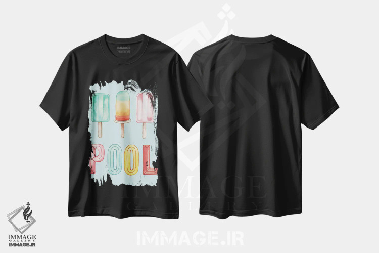 تیشرت مشکی طرح دار بستنی یخی استخر، تایپوگرافی اثر الیزابت مدلی | فروشگاه ایماژ