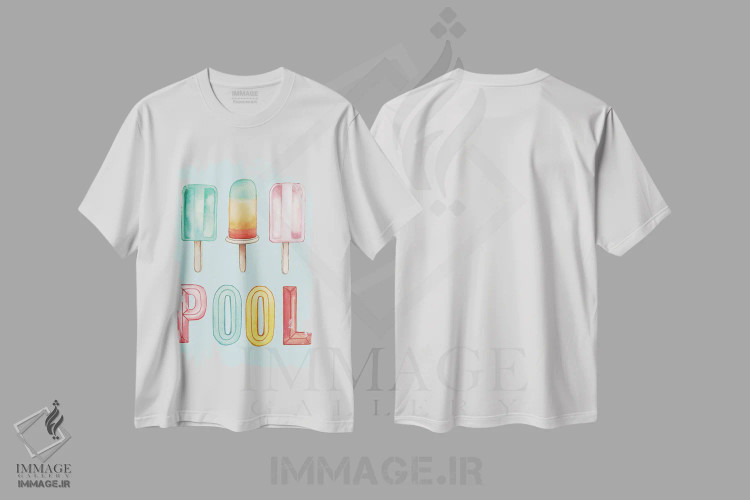 تیشرت سفید طرح دار بستنی یخی استخر، تایپوگرافی اثر الیزابت مدلی | immage.ir