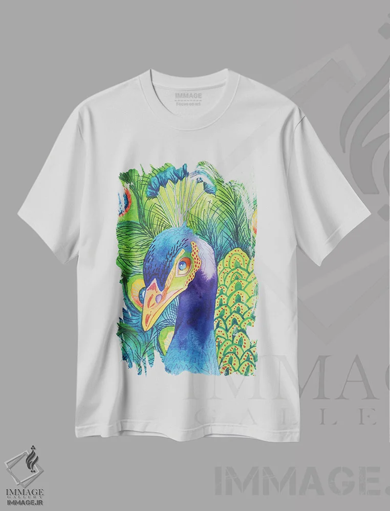 تیشرت سفید طرح دار طاووس بی نقص، مدیوم اثر الیزابت مدلی | فروشگاه ایماژ