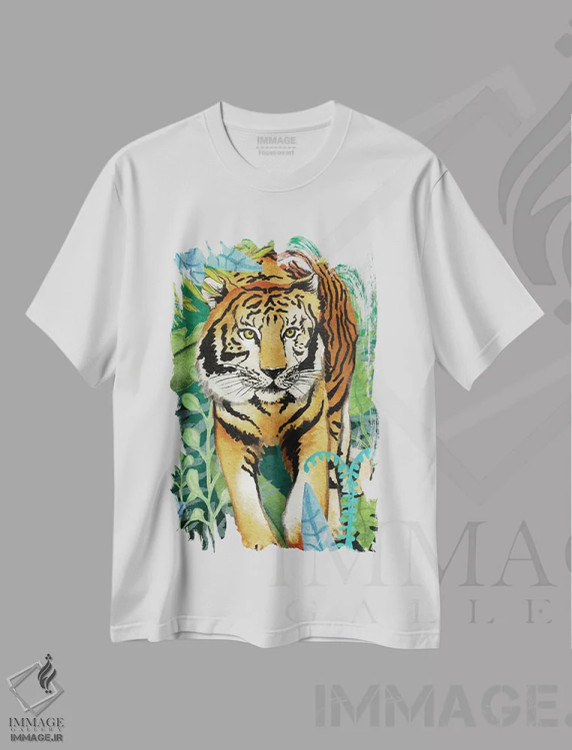 تیشرت سفید طرح دار ببر در جنگل ۲، مدیوم اثر الیزابت مدلی | فروشگاه ایماژ