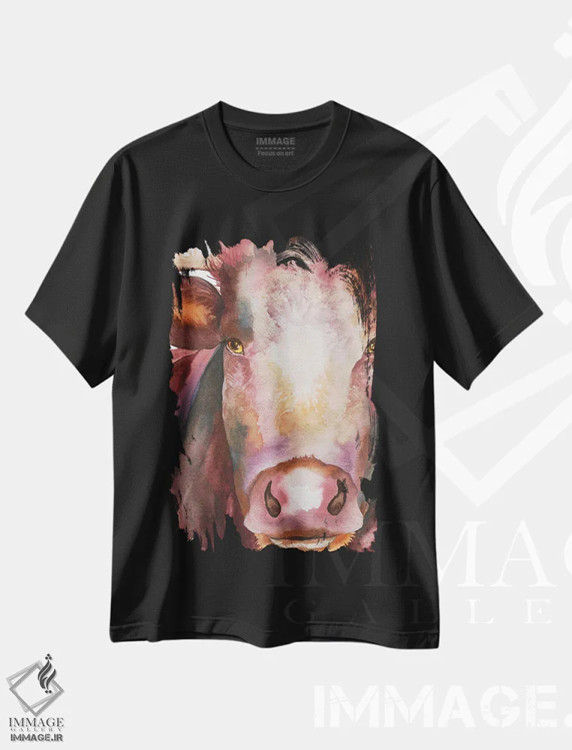تیشرت مشکی طرح دار پرترهٔ گاو، دکور روستایی اثر الیزابت مدلی | فروشگاه ایماژ