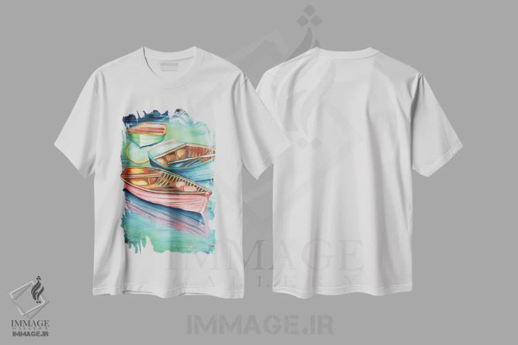 تیشرت سفید طرح دار قایق های پارویی پهلوگرفته ۲، دکور کلبه و لژ اثر الیزابت مدلی | فروشگاه ایماژ