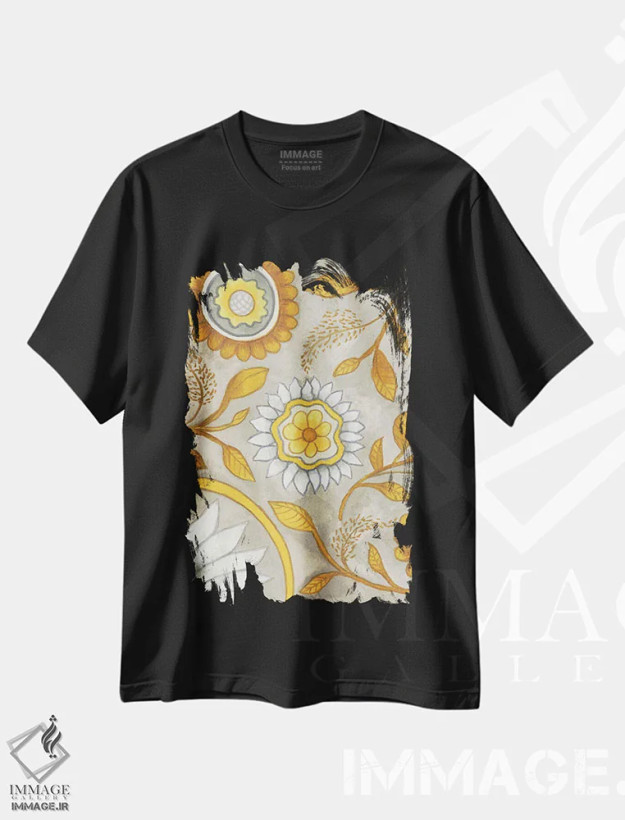 تیشرت مشکی طرح دار گل ها روی زمینهٔ خاکستری ۱، دکور آسیایی اثر الیزابت مدلی | فروشگاه ایماژ