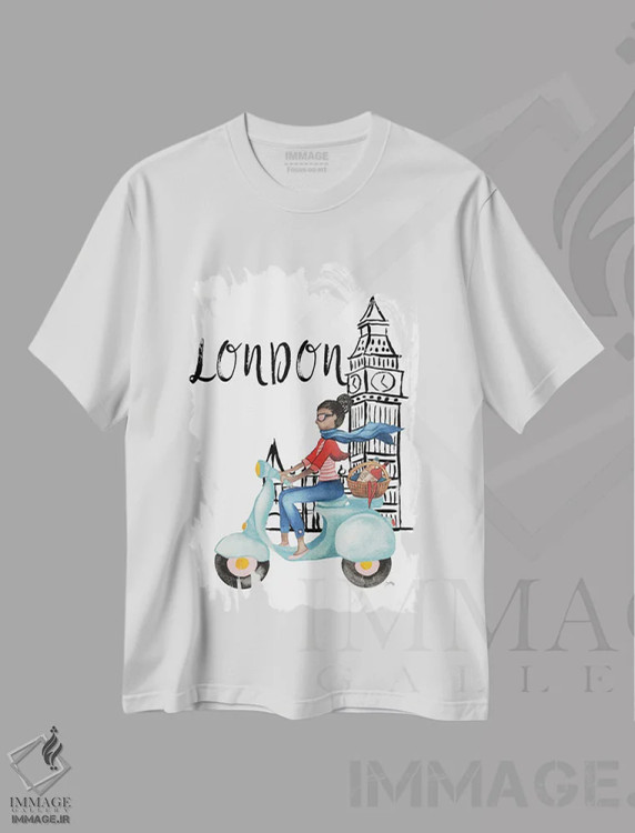 تیشرت سفید طرح دار لندن با موتور گازی، تزئینی اثر الیزابت مدلی | فروشگاه ایماژ