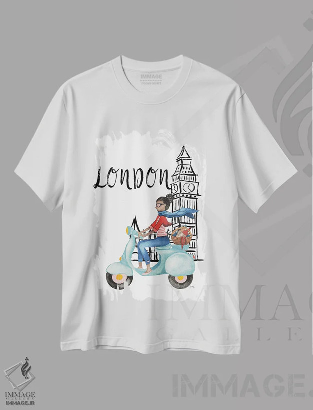 تیشرت سفید طرح دار لندن با موتور گازی، تزئینی اثر الیزابت مدلی | فروشگاه ایماژ