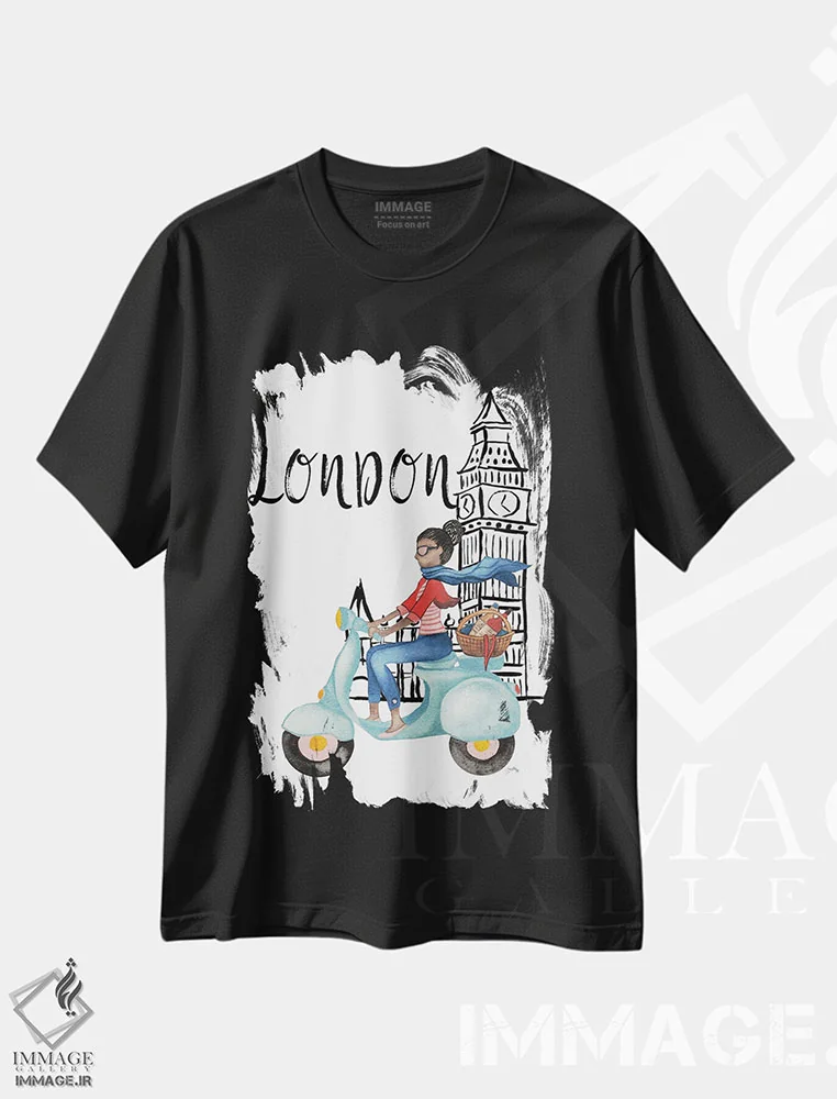 تیشرت مشکی طرح دار لندن با موتور گازی، تزئینی اثر الیزابت مدلی | immage.ir
