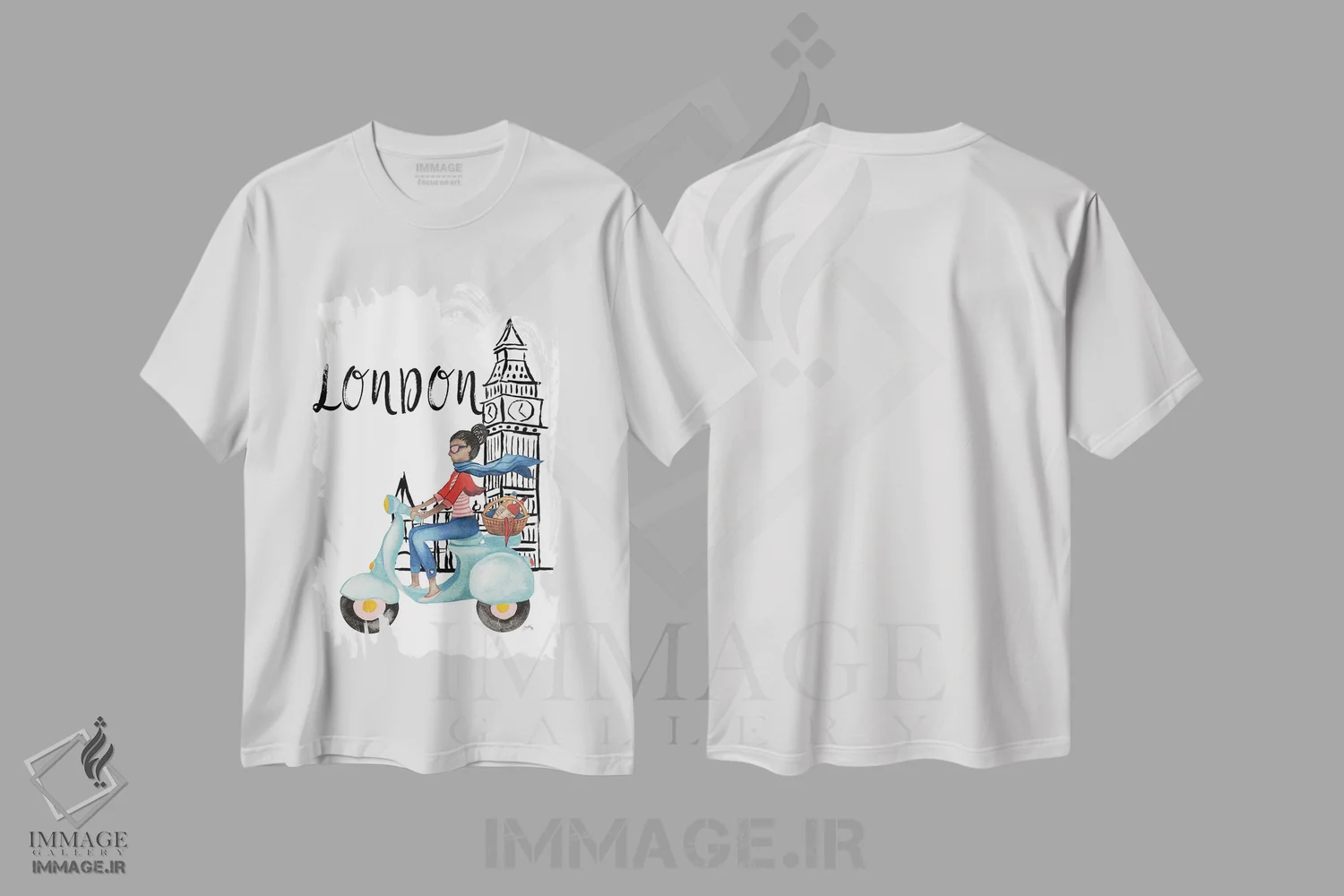 تیشرت سفید طرح دار لندن با موتور گازی، تزئینی اثر الیزابت مدلی | فروشگاه ایماژ