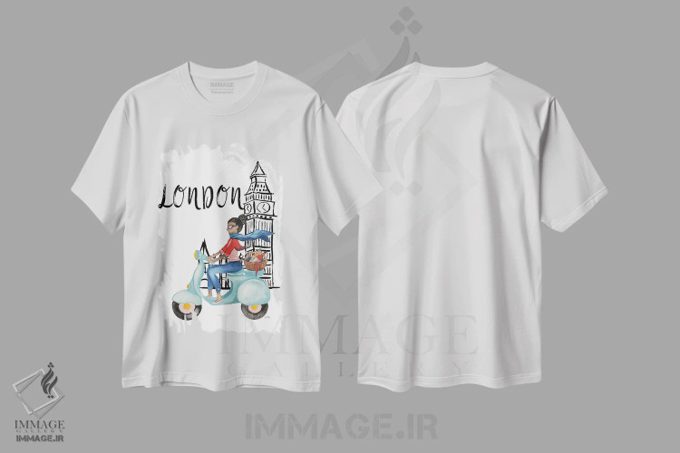 تیشرت سفید طرح دار لندن با موتور گازی، تزئینی اثر الیزابت مدلی | فروشگاه ایماژ