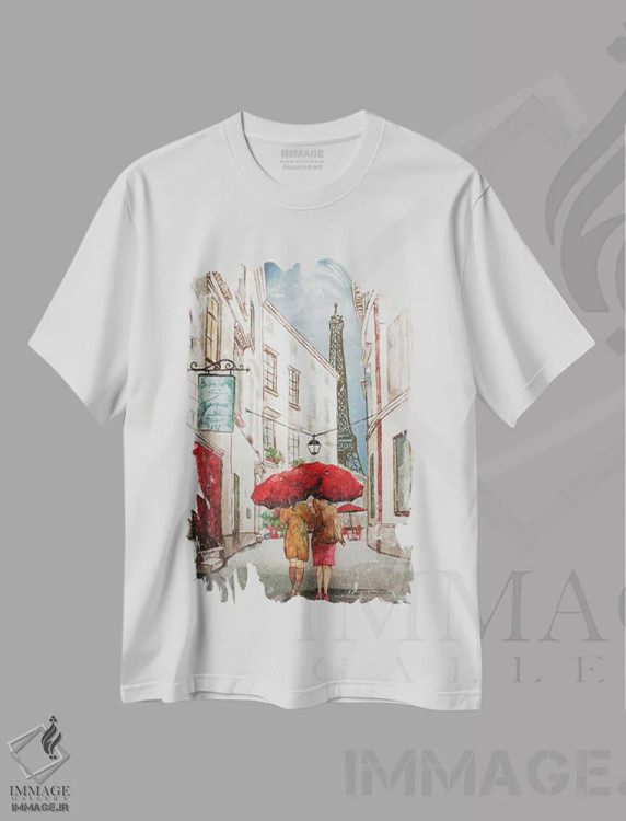 تیشرت سفید طرح دار چتر قرمز ۲، دکور معاصر اثر الیزابت مدلی | فروشگاه ایماژ