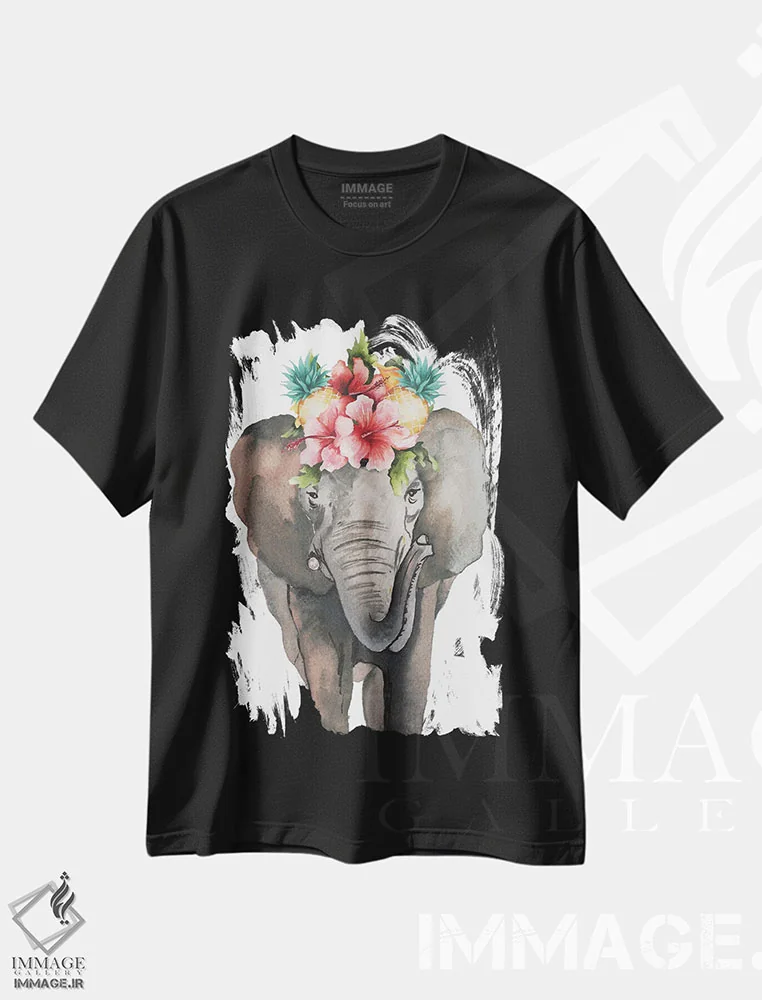تیشرت مشکی طرح دار فیل گرمسیری، تزئینی اثر الیزابت مدلی | immage.ir
