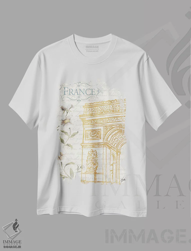 تیشرت سفید طرح دار پاریس طلایی ۲، تزئینی اثر الیزابت مدلی | فروشگاه ایماژ