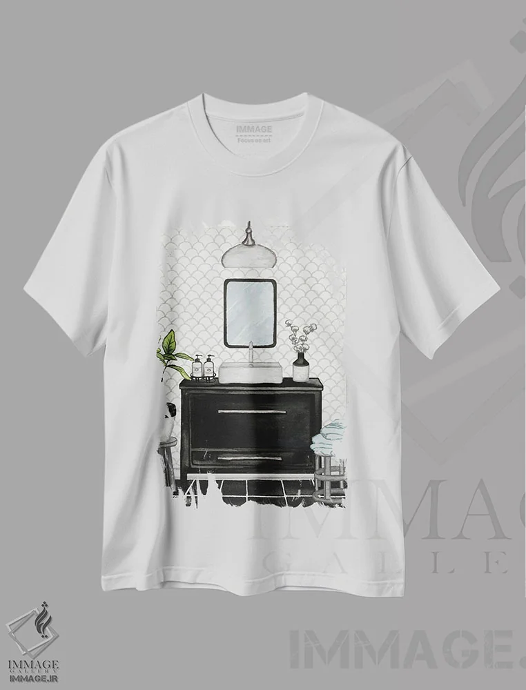 تیشرت سفید طرح دار حمام مدرن سیاه و سفید II، تزئینی اثر الیزابت مدلی | immage.ir